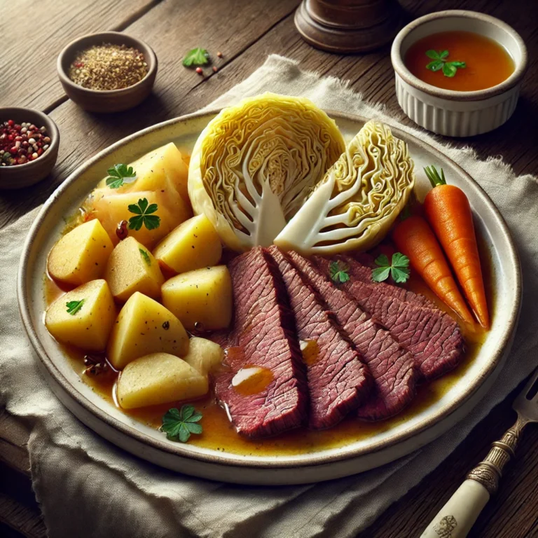 Perfectly cooked corned beef and cabbage recipe, featuring tender slow-cooked brisket, steamed cabbage wedges, potatoes, and carrots, plated with traditional Irish flavors.