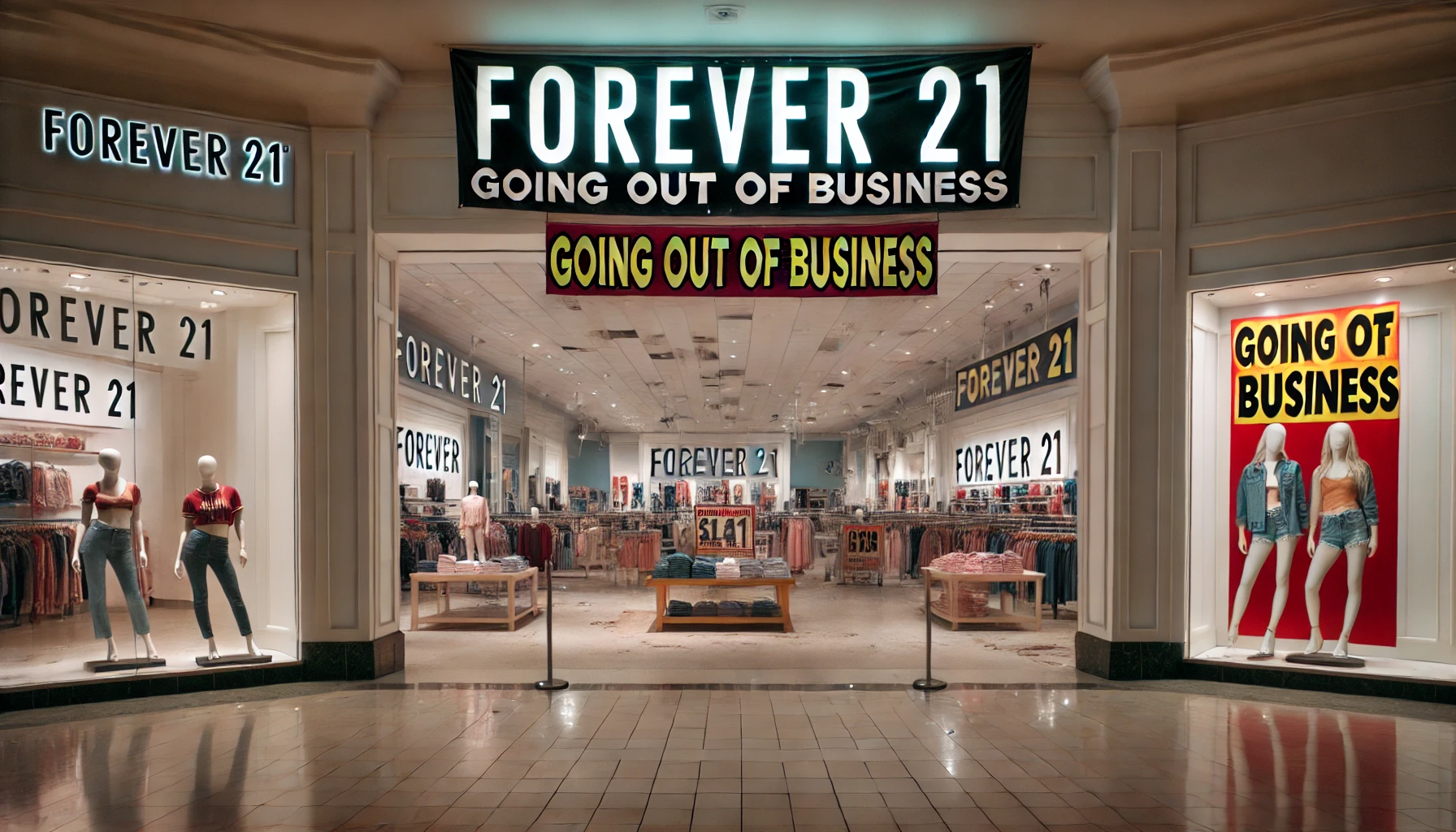 Forever 21 store closing with “Going Out of Business” signs, reflecting Forever 21’s bankruptcy filing in 2025, store closures, fast fashion struggles, and the impact of Shein and Temu on traditional retail brands.