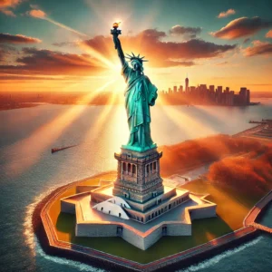 The Statue of Liberty at sunrise, symbolizing freedom and democracy, with its torch shining, designed by Frédéric Auguste Bartholdi, engineered by Gustave Eiffel, and completed in 1886 as a gift from France to the United States.