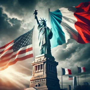 The Statue of Liberty with the French and U.S. flags in the background, symbolizing the controversy over France demanding its return. The historic monument, gifted by France in 1886, remains an iconic representation of freedom, democracy, and Franco-American relations.