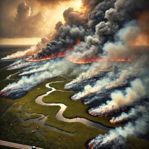 Aerial view of Johnson Fire in Everglades National Park, showing thick smoke, active flames, and vast marshland burning. The 1,900-acre wildfire remains 0% contained, affecting Florida’s fire-adapted ecosystem, native wildlife, and visitor access. Fire crews work on containment efforts as smoke rises over the landscape.