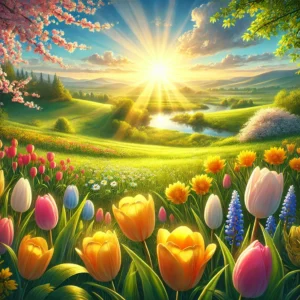 Spring sunrise on the first day of spring 2025, with blooming cherry blossoms, tulips, and green fields under a golden morning sky. The vernal equinox marks the astronomical start of spring, bringing longer daylight hours, warmer temperatures, and seasonal renewal.