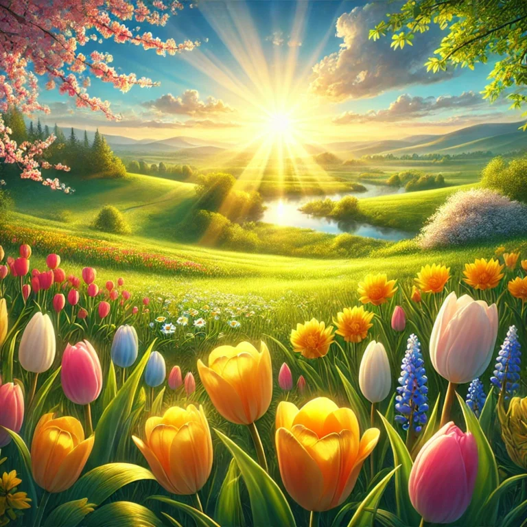 Spring sunrise on the first day of spring 2025, with blooming cherry blossoms, tulips, and green fields under a golden morning sky. The vernal equinox marks the astronomical start of spring, bringing longer daylight hours, warmer temperatures, and seasonal renewal.