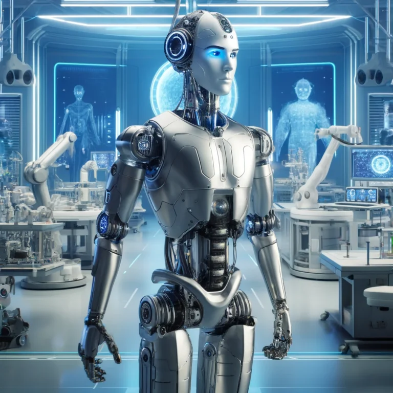 A futuristic AI-powered humanoid robot, resembling Tesla Optimus and Boston Dynamics Atlas, standing in a high-tech robotics lab with industrial cobots and surgical robots in the background, showcasing the latest and best robots in 2025.