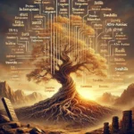 Photo-realistic image of a detailed global language family tree with labeled branches for modern languages and roots for proto-languages like Proto-Indo-European and Proto-Afro-Asiatic, surrounded by environmental and cultural elements from linguistic history.