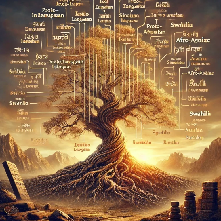 Photo-realistic image of a detailed global language family tree with labeled branches for modern languages and roots for proto-languages like Proto-Indo-European and Proto-Afro-Asiatic, surrounded by environmental and cultural elements from linguistic history.