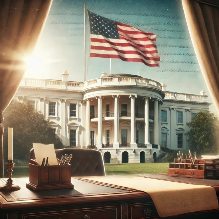 Photorealistic image of the White House with American flag and symbolic overlay of FDR-era New Deal legislation, representing the history and significance of the President’s first 100 days in office