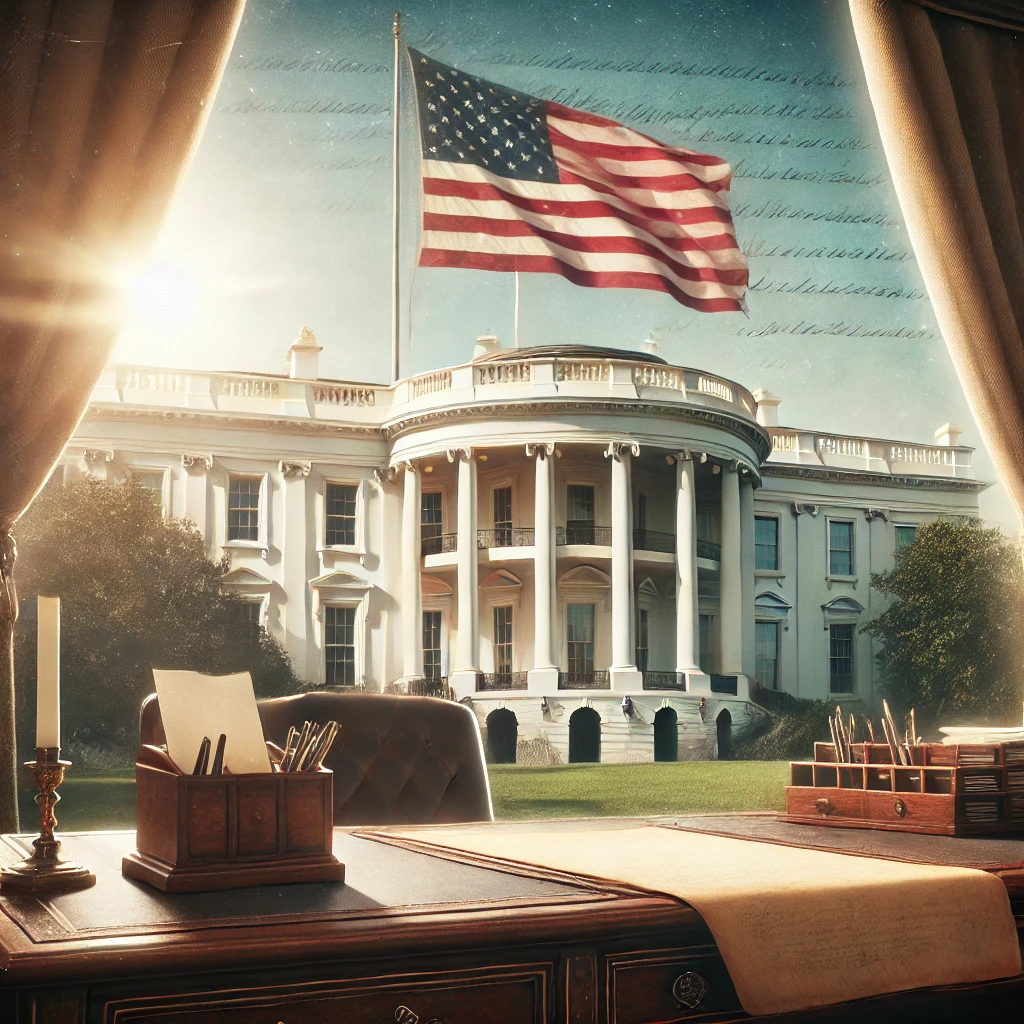 Photorealistic image of the White House with American flag and symbolic overlay of FDR-era New Deal legislation, representing the history and significance of the President’s first 100 days in office