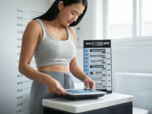 A person measuring weight on a digital scale with a BMI chart and height measurement guide in the background. The BMI formula for metric and imperial systems is displayed, showing how to calculate BMI manually.
