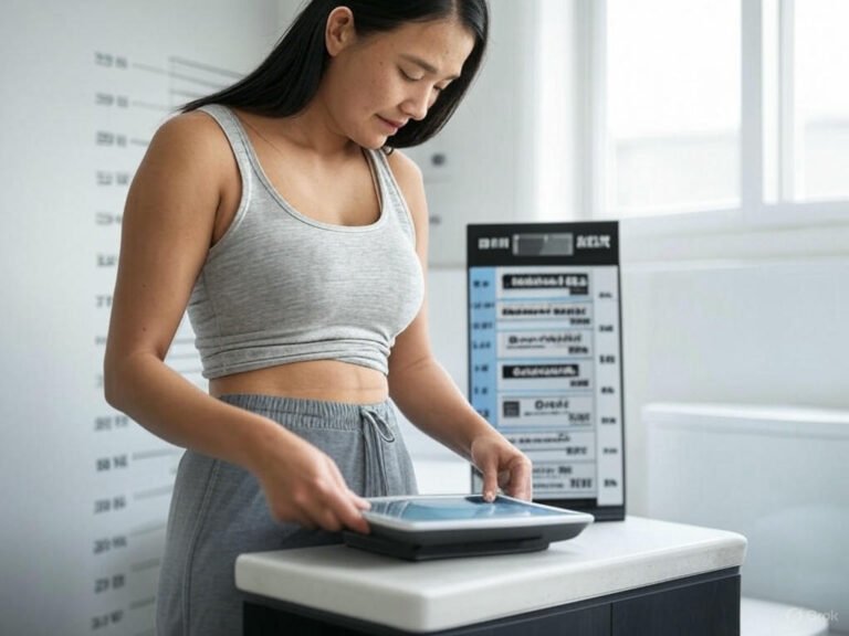 A person measuring weight on a digital scale with a BMI chart and height measurement guide in the background. The BMI formula for metric and imperial systems is displayed, showing how to calculate BMI manually.