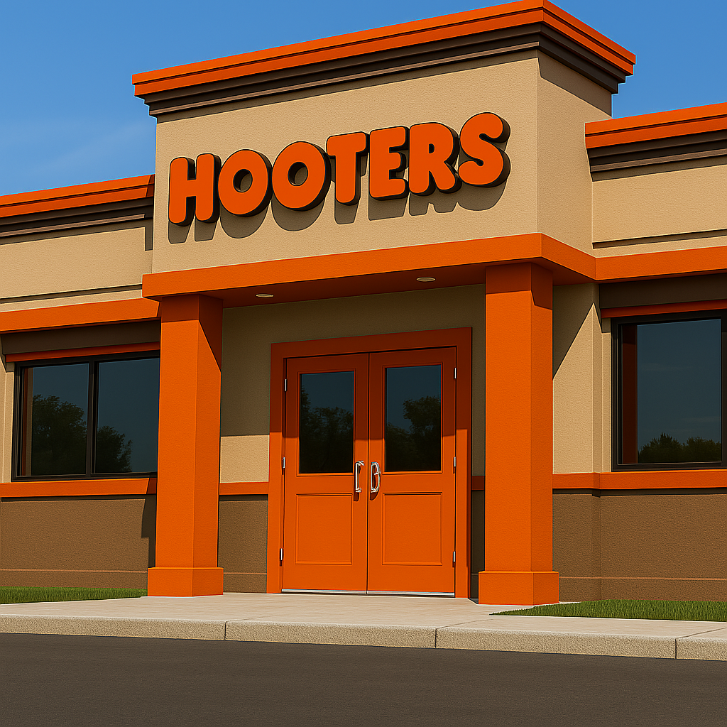 Photo of a Hooters restaurant under blue skies, illustrating Hooters bankruptcy 2025, restaurant closures, and rebranding strategy to save the iconic brand