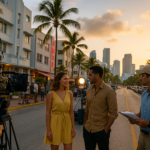 Miami film production crew on Ocean Drive during golden hour with cameras, actors, palm trees, and Downtown Miami skyline in background; perfect example of Florida film tax incentive in action