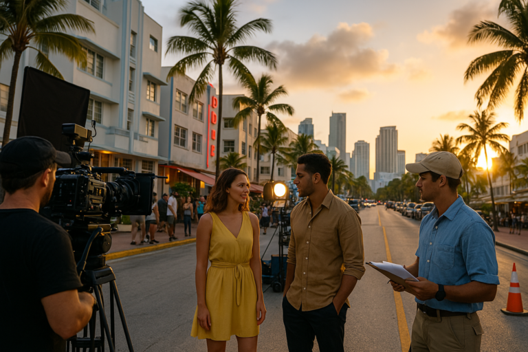 Miami film production crew on Ocean Drive during golden hour with cameras, actors, palm trees, and Downtown Miami skyline in background; perfect example of Florida film tax incentive in action