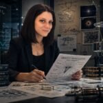 Editorial illustration of Amy Eskridge anti-gravity research themes with a scientist in a lab studying gravity modification concepts and advanced propulsion ideas