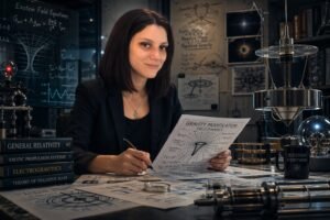 Editorial illustration of Amy Eskridge anti-gravity research themes with a scientist in a lab studying gravity modification concepts and advanced propulsion ideas