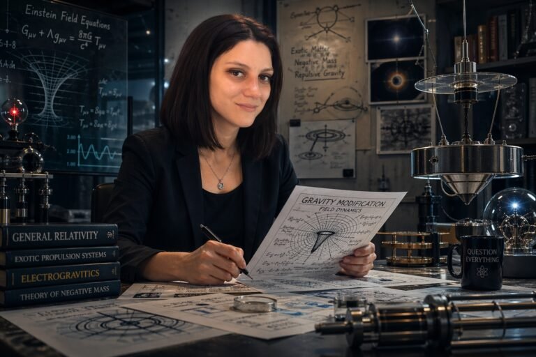 Editorial illustration of Amy Eskridge anti-gravity research themes with a scientist in a lab studying gravity modification concepts and advanced propulsion ideas