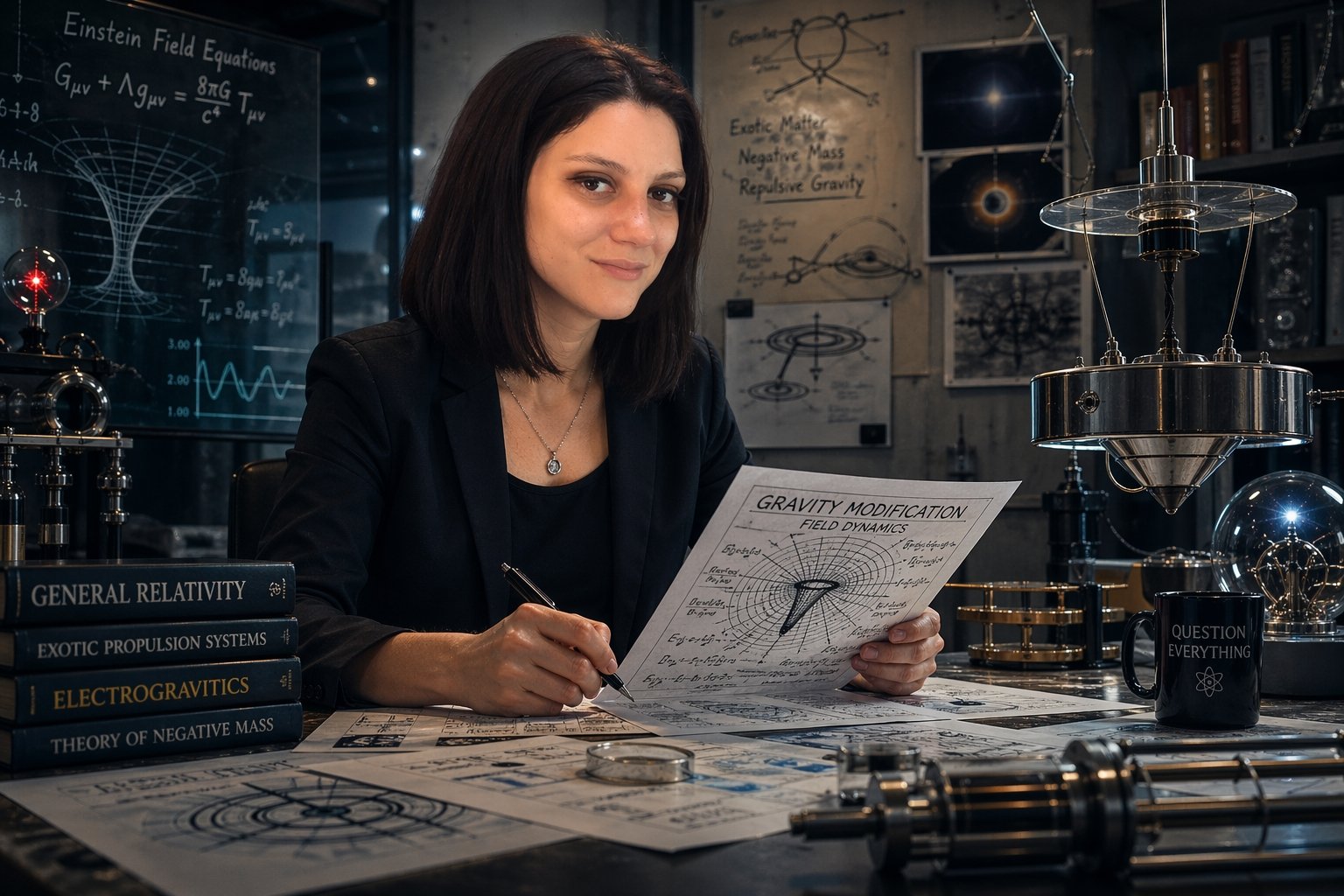 Editorial illustration of Amy Eskridge anti-gravity research themes with a scientist in a lab studying gravity modification concepts and advanced propulsion ideas