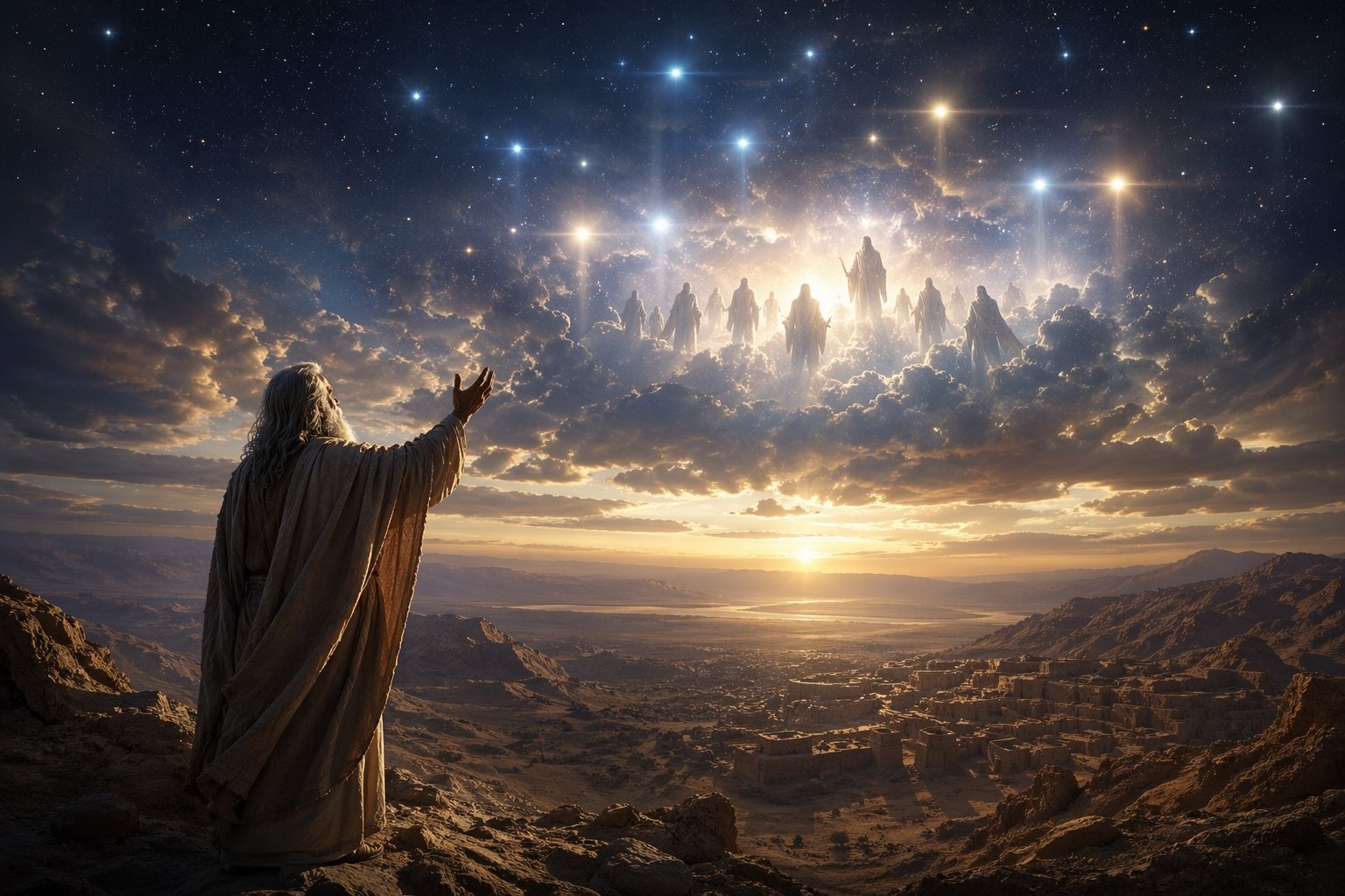Illustration of the Book of Enoch and disclosure theme, with an ancient prophetic figure beneath mysterious lights in the sky, evoking the Watchers, Nephilim, and modern UAP speculation