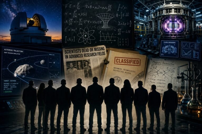 Editorial image representing missing scientists and advanced physics research, with space science visuals, fusion lab elements and investigative atmosphere