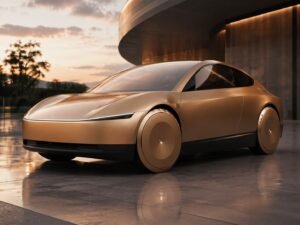 Futuristic Tesla Cybercab-inspired autonomous robotaxi driving through a modern city at dusk with a sleek two-seat design
