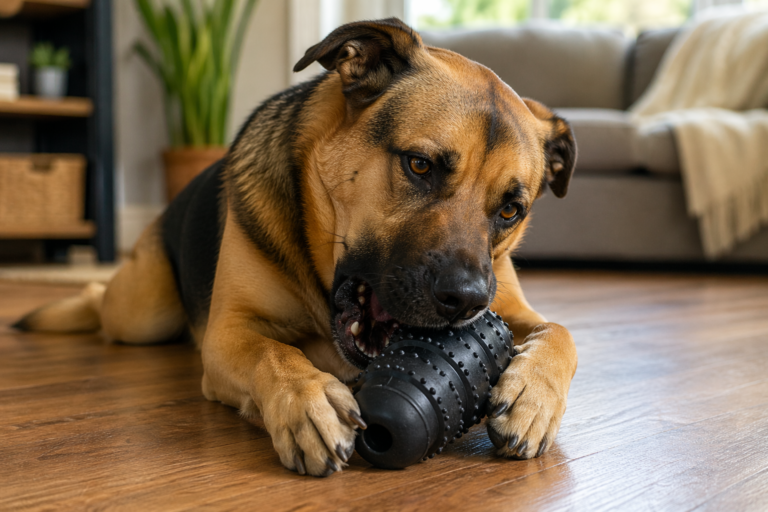 Large dog chewing a thick rubber toy on a wood floor, showing a durable truly indestructible dog toy option for aggressive chewers